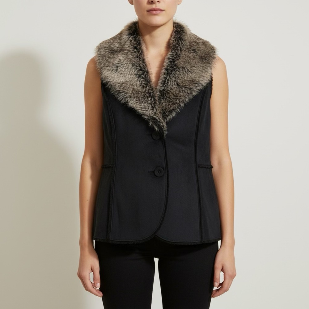 Jessica‎ Womens Faux Suede Vest Faux Fur Collar Black Medium Two Button Front